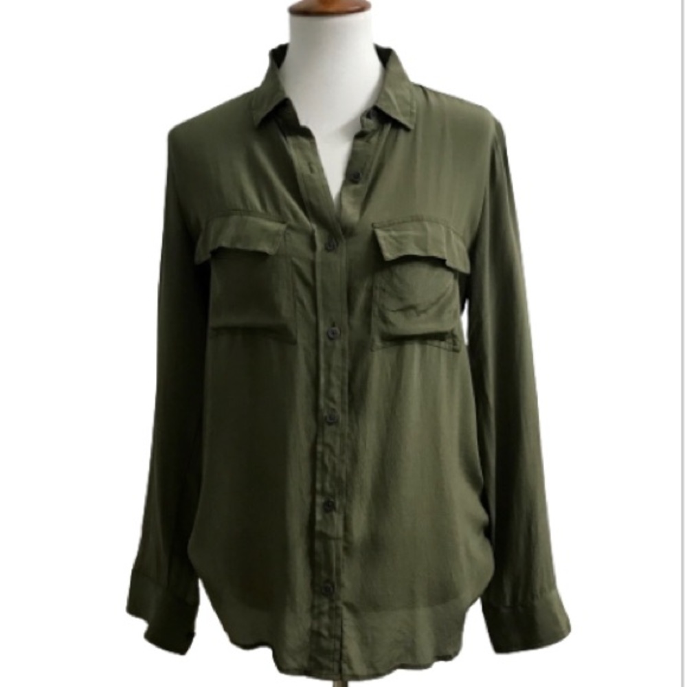 Silk Army Green Flap Pocket Button Down Blouse M